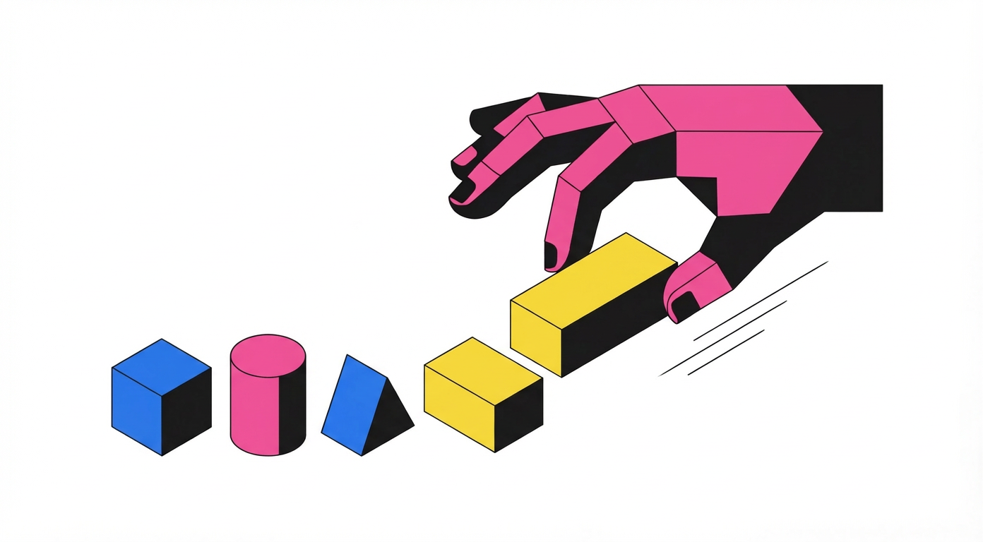 Geometric hand moving building blocks — the Agents Academy visual metaphor